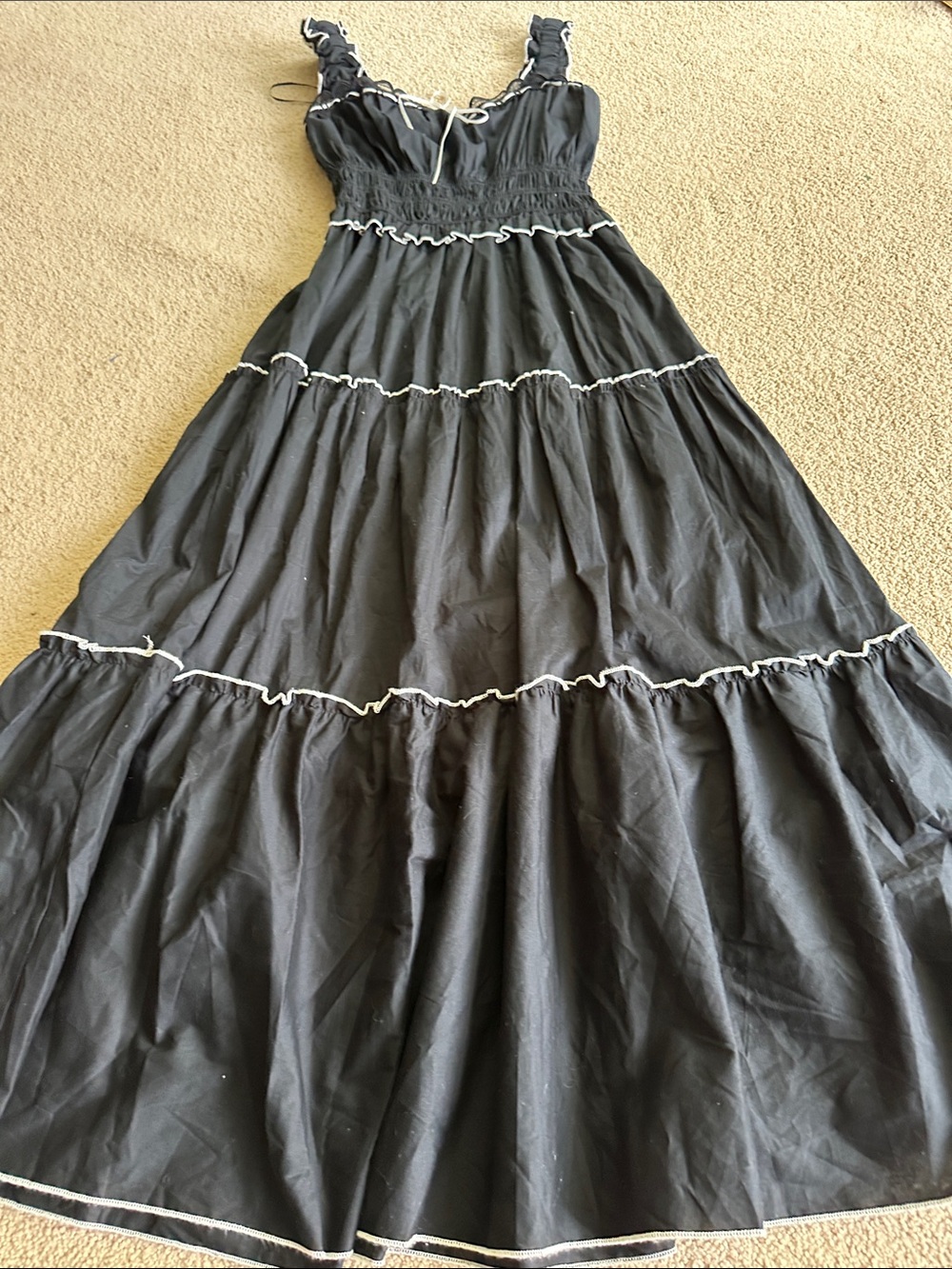 Francesca's Black Tiered Maxi Dress with Smocked Bodice and Ruffled Straps - Picture 8 of 11